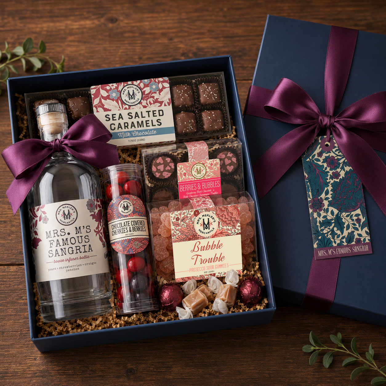 Mrs. M's Famous Sangria infuser gift box with dried fruit infuser and festive confections