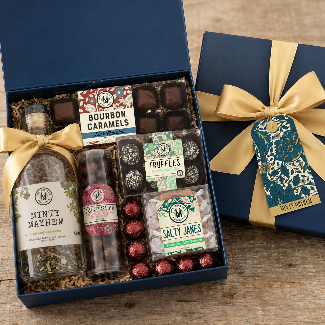 Minty Mayhem bourbon and mint cocktail infuser gift box with dark chocolate confections