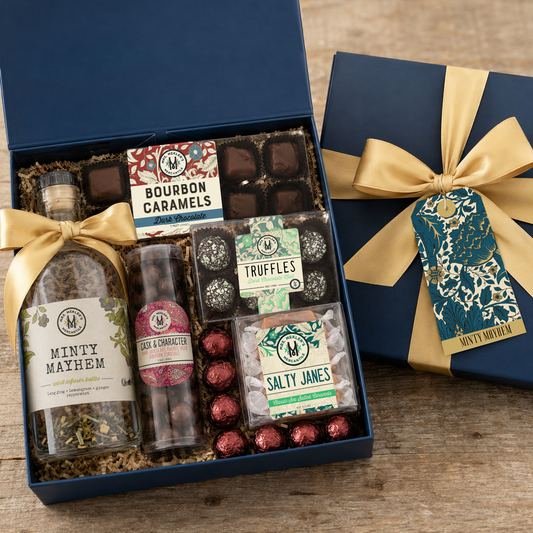 Minty Mayhem bourbon and mint cocktail infuser gift box with dark chocolate confections