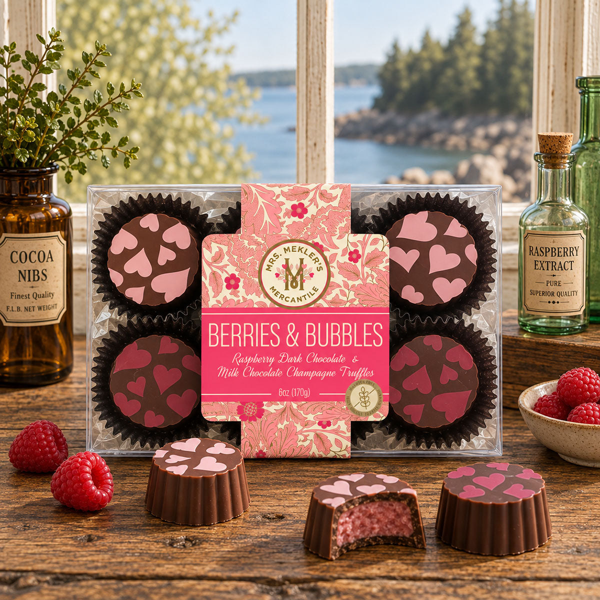 A boxed assortment of chocolate truffles and filled chocolates labeled 'Berry Bubbles' sits on a wooden table by a window, with raspberries, a bottle of cocoa nibs, and a bottle of raspberry extract nearby. The product is shown in a real environment rather than on a plain studio background, so this is Lifestyle.