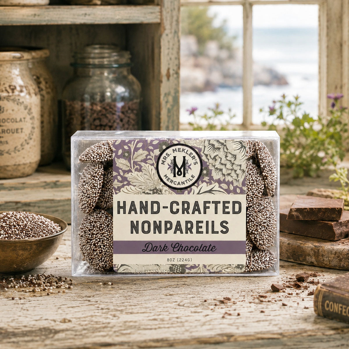 A clear plastic box of Dark Chocolate Nonpareils in a rustic window setting