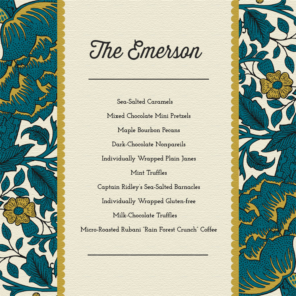 A printed menu card titled "The Emerson" with a list of food items such as sea-salted caramels, mixed chocolate mini pretzels, maple bourbon pecans, dark chocolate nonpareils, mint truffles, and coffee. The center panel is warm cream with black text, bordered by ornate teal and gold floral patterns on both sides.