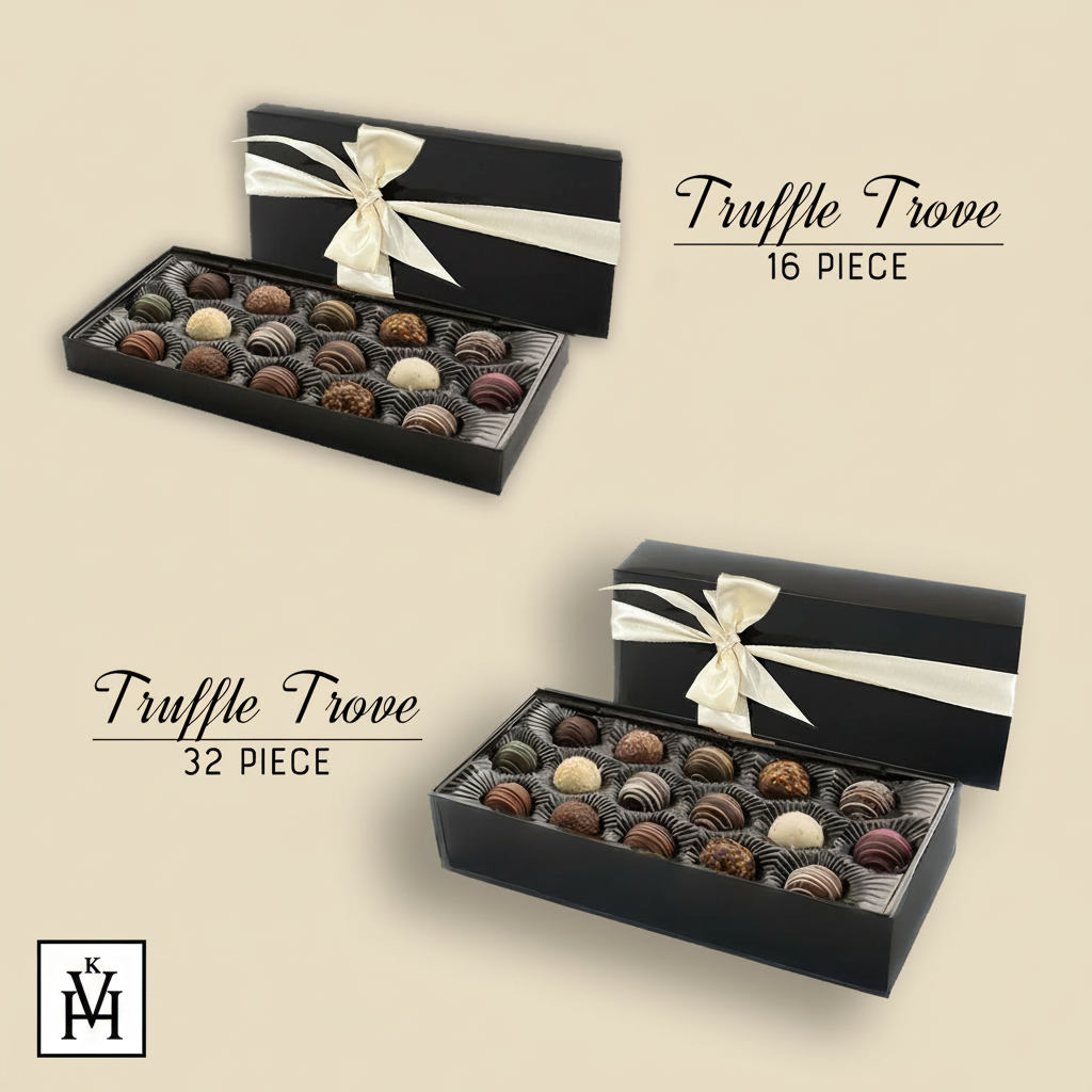 Truffle Trove 16 and 32 piece gift boxes with Kosher certification badge